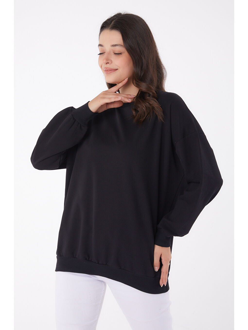 Manşetli Sweatshirt Siyah - 26046-2