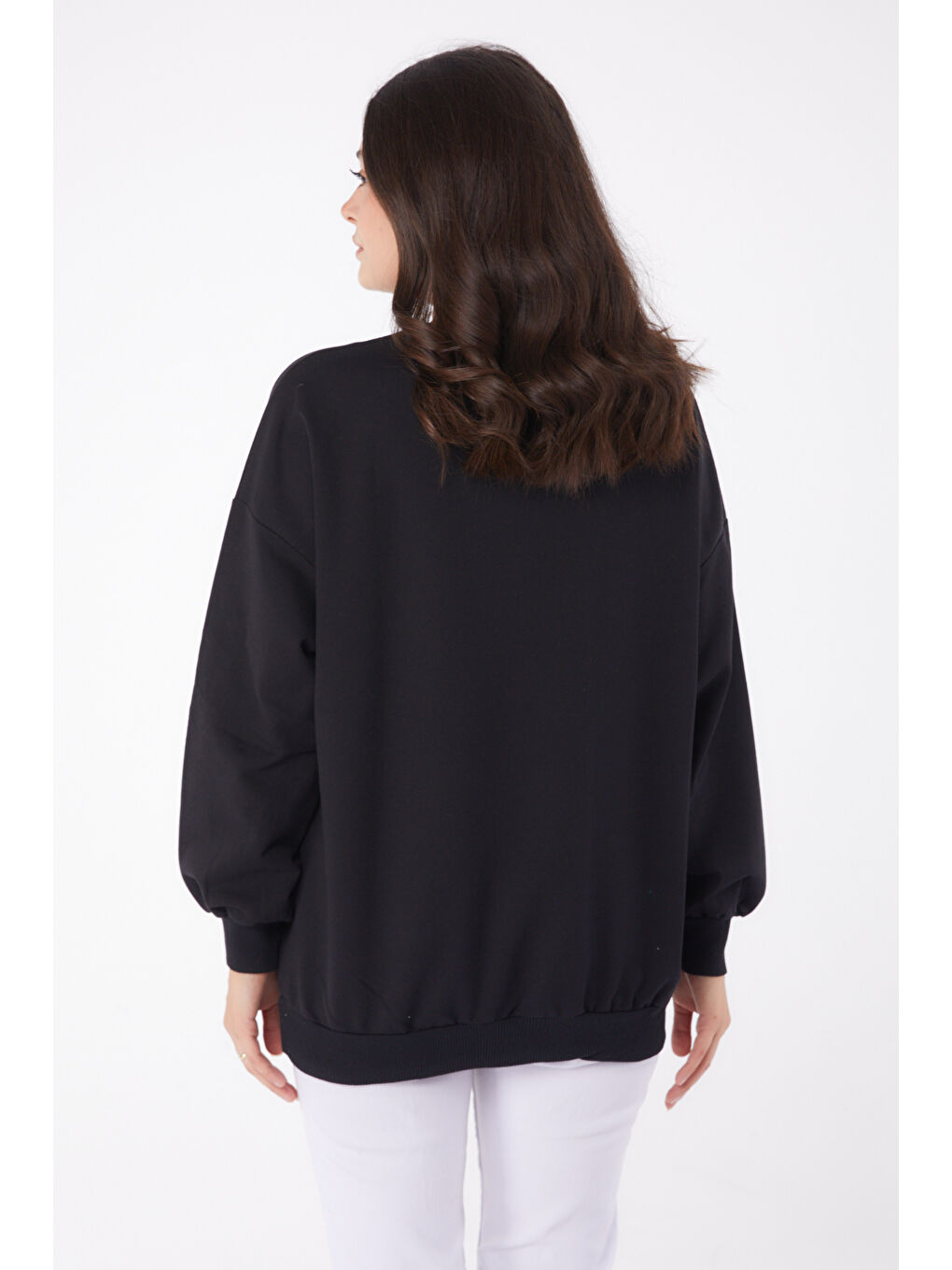 Manşetli Sweatshirt Siyah - 26046-4