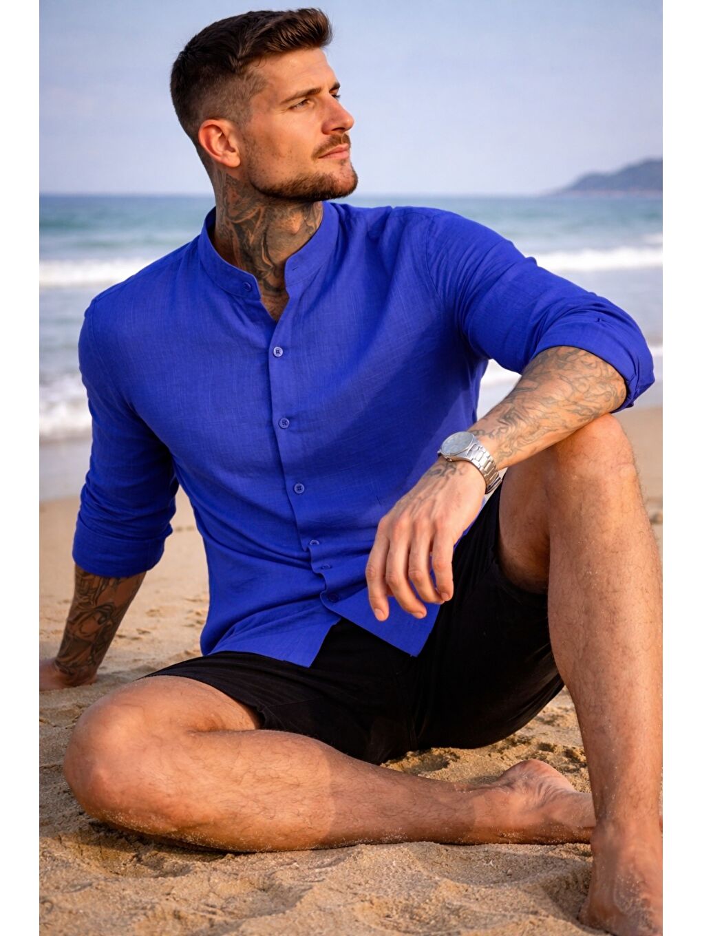 Mavi Erkek Regular Hakim Yaka Keten Görünümlü Gömlek-1