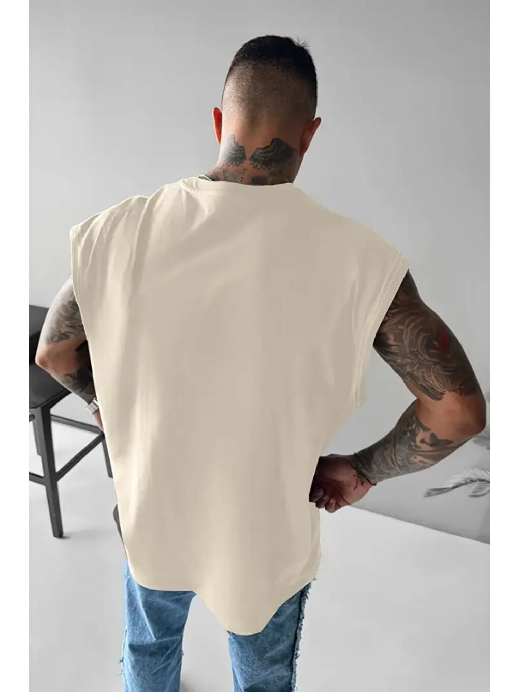 Ekru I Don't Care Baskılı Kolsuz Atlet tshirt Erkek Sıfır Kol Oversize T-SHİRT-1