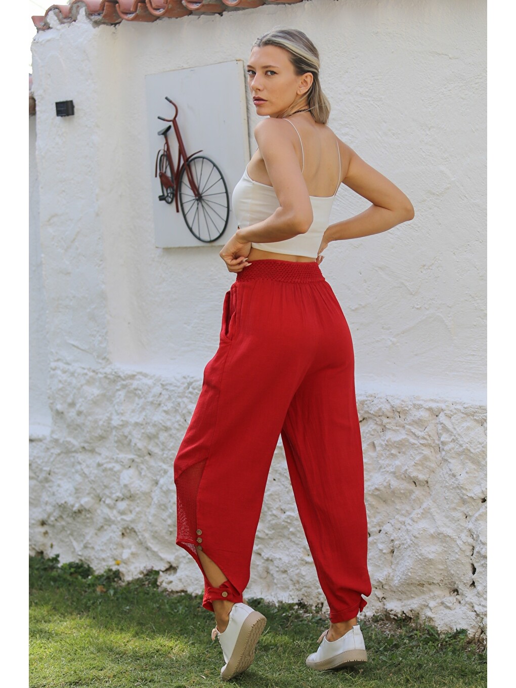 Kırmızı Cepli File Detaylı Yıkamalı Dokuma Lastikli Bel Jogger Paça Casual Pantolon-7