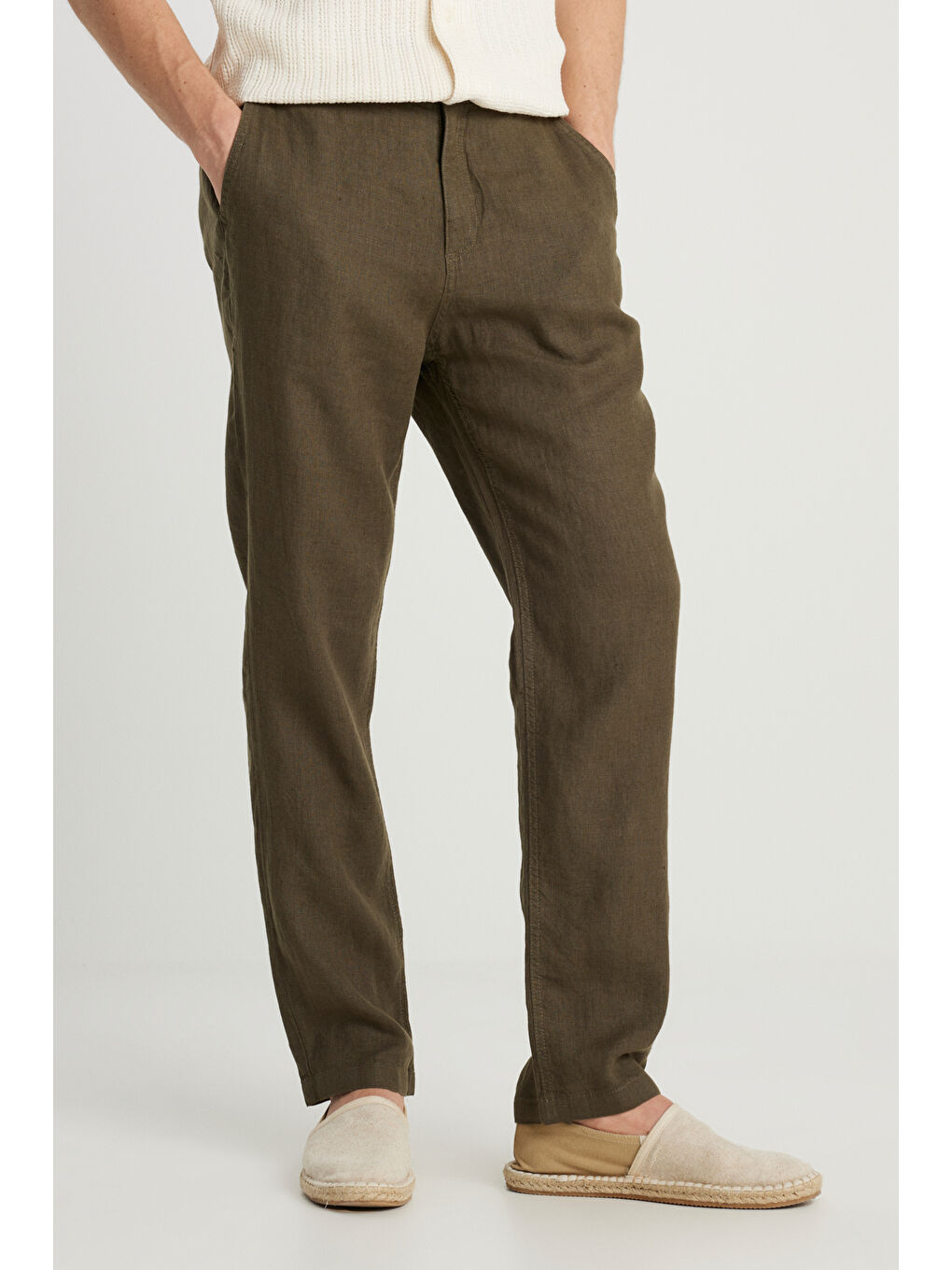 %100 Keten Regular Fit Normal Kesim Normal Bel Düz Paça Haki Pantolon-2
