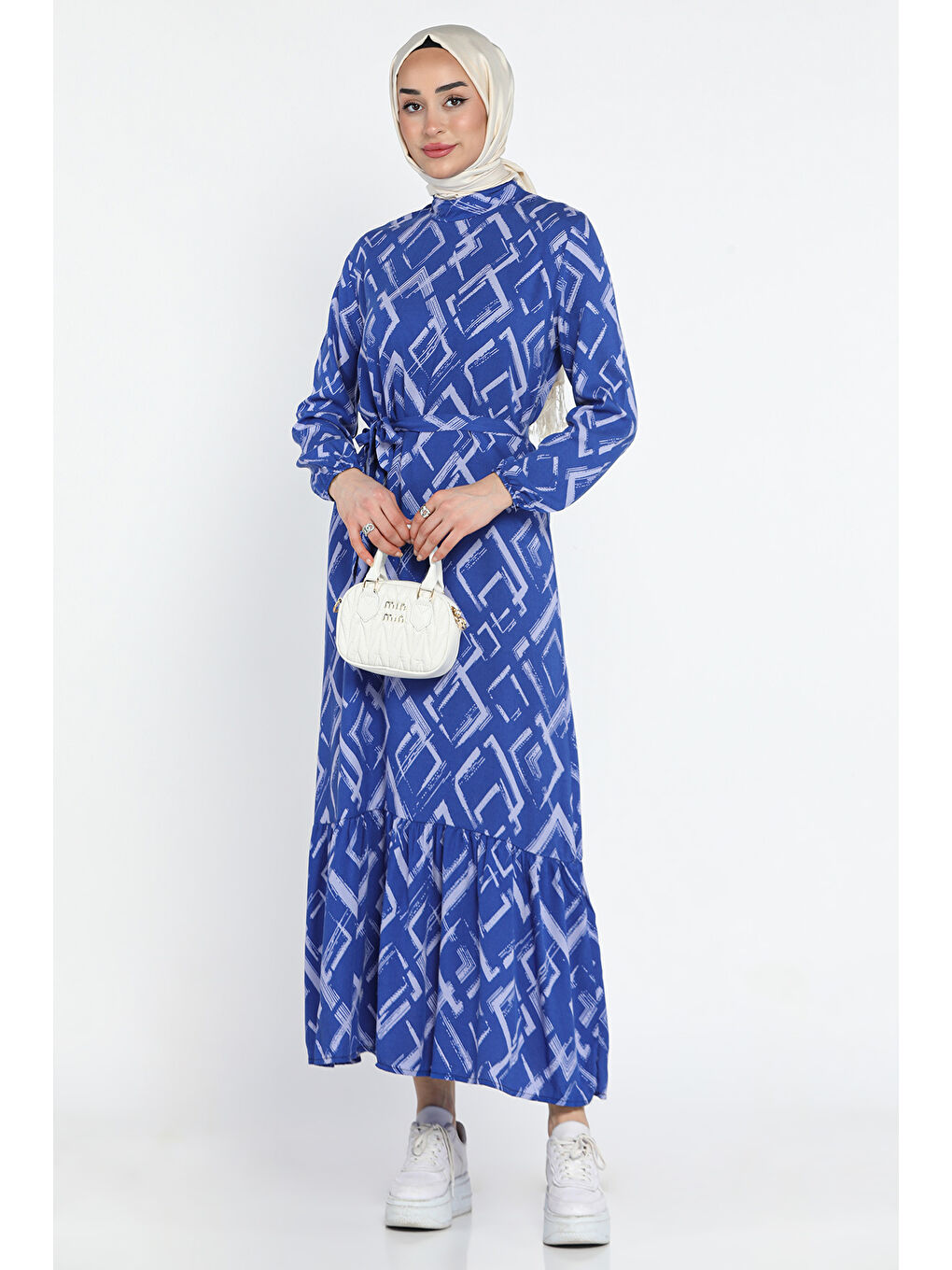 İndigo Desenli Bel Kuşaklı Tesettür Viskon Elbise-1