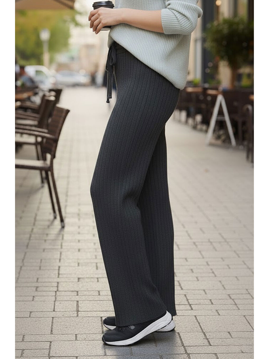 Gri Füme Fitilli Modal Bol Paça Yüksek Bel Yumuşak Dokulu Beli Lastikli Elastanlı Pantolon-1