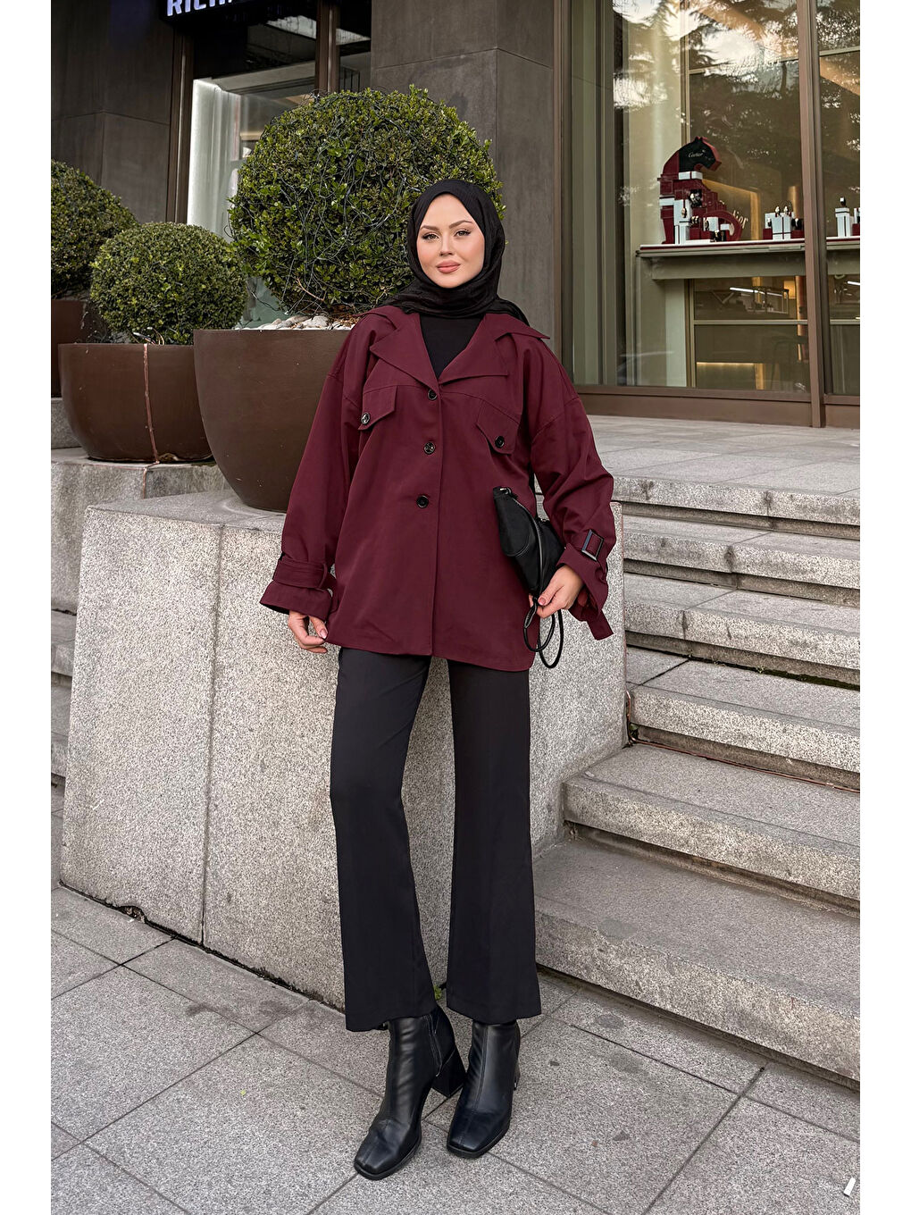 Kadın Kruvaze Yaka Trenç Bordo-1