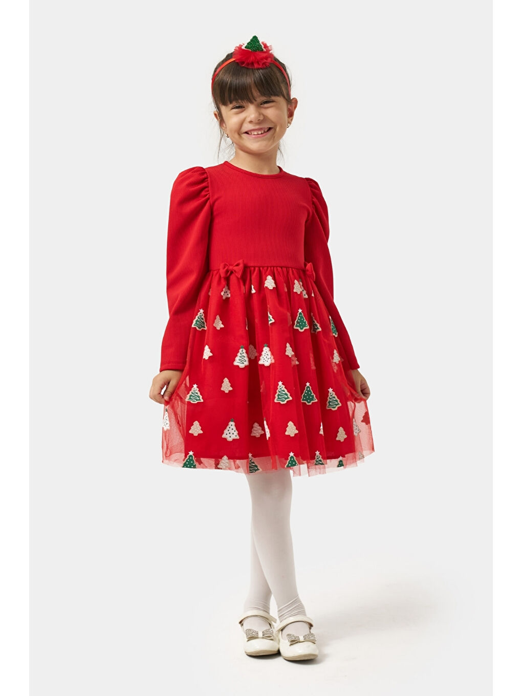 Kırmızı  Eteği Çam Ağaçlı Kız Çocuk Elbise - Nomi-1