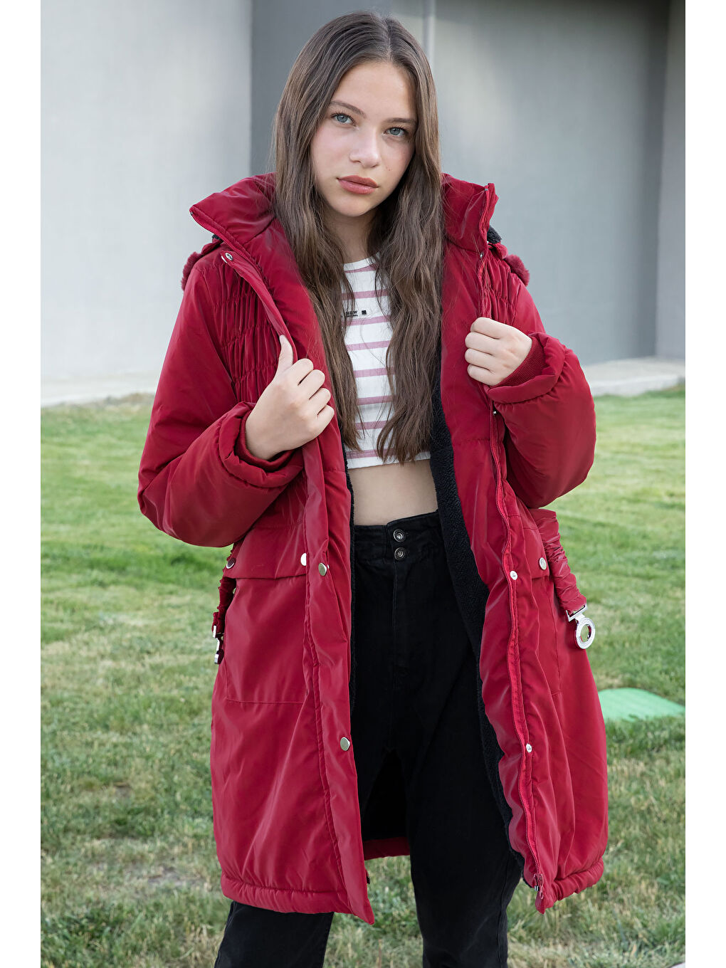 Bordo Kemerli Nubuk Kumaş Kız Çocuk İçi Kürklü Kapüşonlu Şişme Mont 21314-1