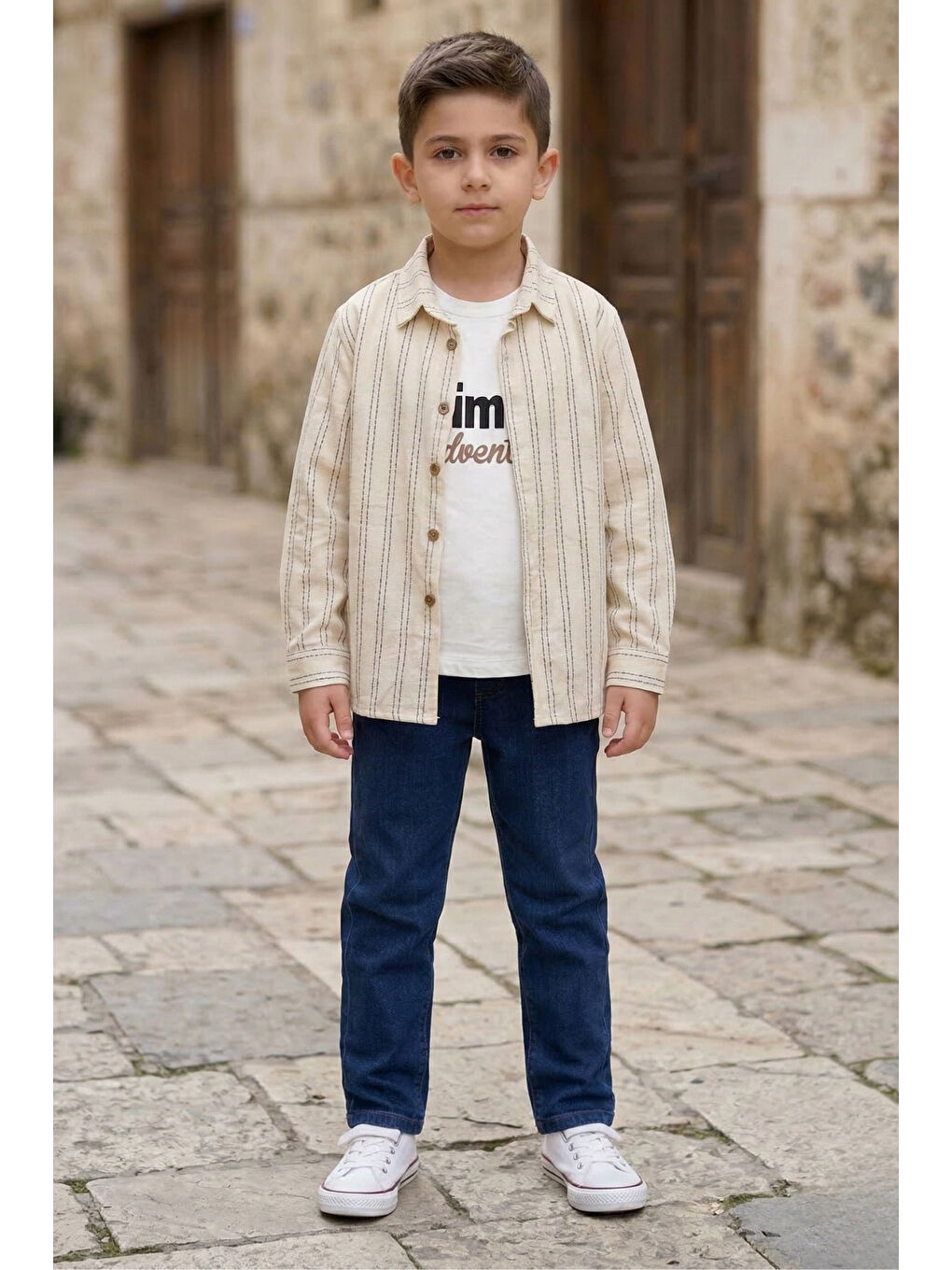Ekru Erkek Çocuk Keten Trençkotlu Gömlek Tişört Pantolonlu Takım TKM7588-4