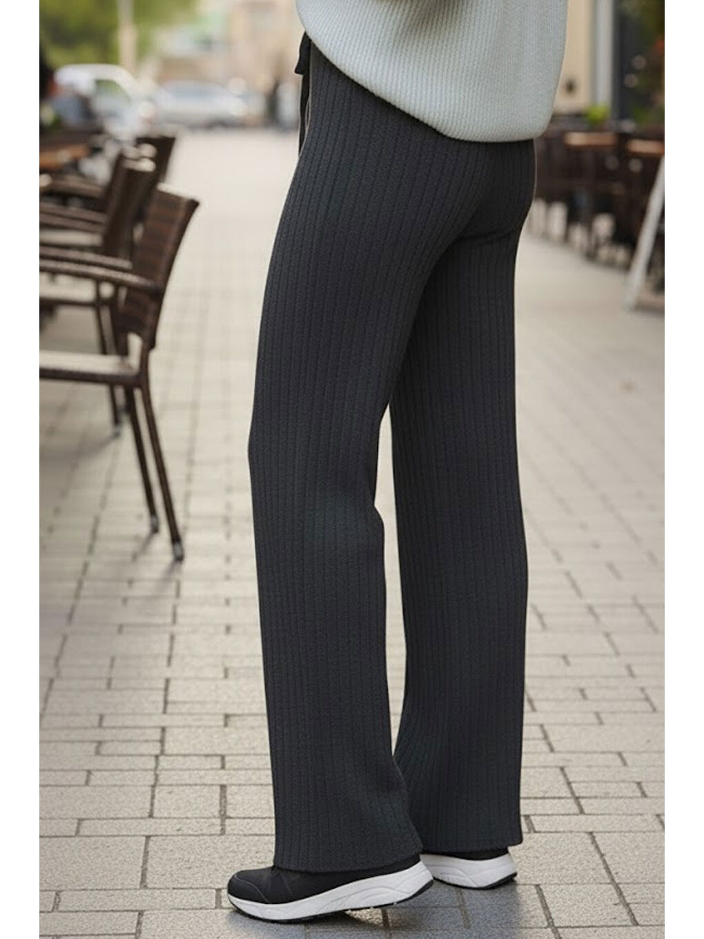 Gri Füme Fitilli Modal Bol Paça Yüksek Bel Yumuşak Dokulu Beli Lastikli Elastanlı Pantolon-2