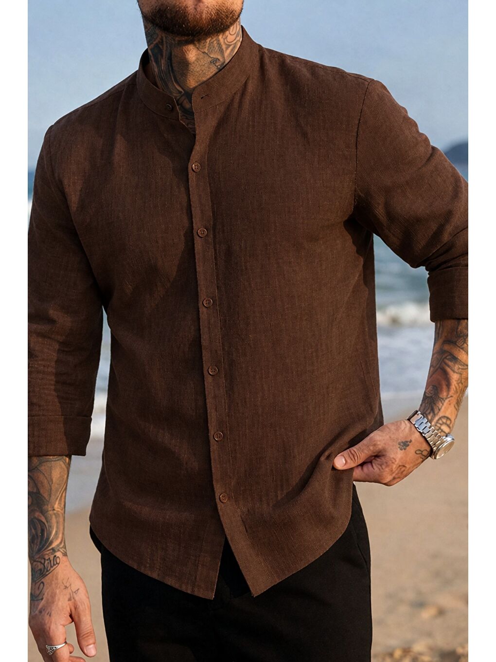 Kahverengi Erkek Regular Hakim Yaka Keten Görünümlü Gömlek