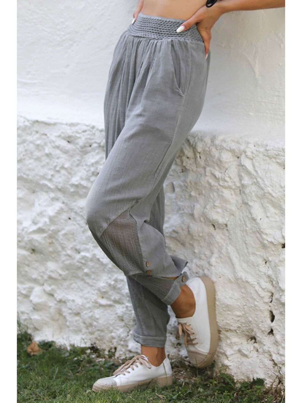 Chiccy Gri Cepli File Detaylı Yıkamalı Dokuma Lastikli Bel Jogger Paça Casual Pantolon