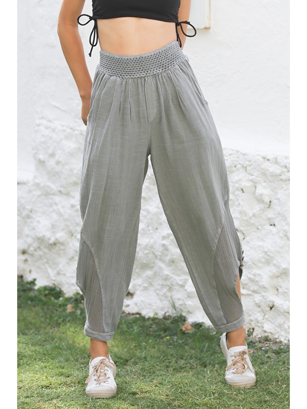 Chiccy Gri Cepli File Detaylı Yıkamalı Dokuma Lastikli Bel Jogger Paça Casual Pantolon-1