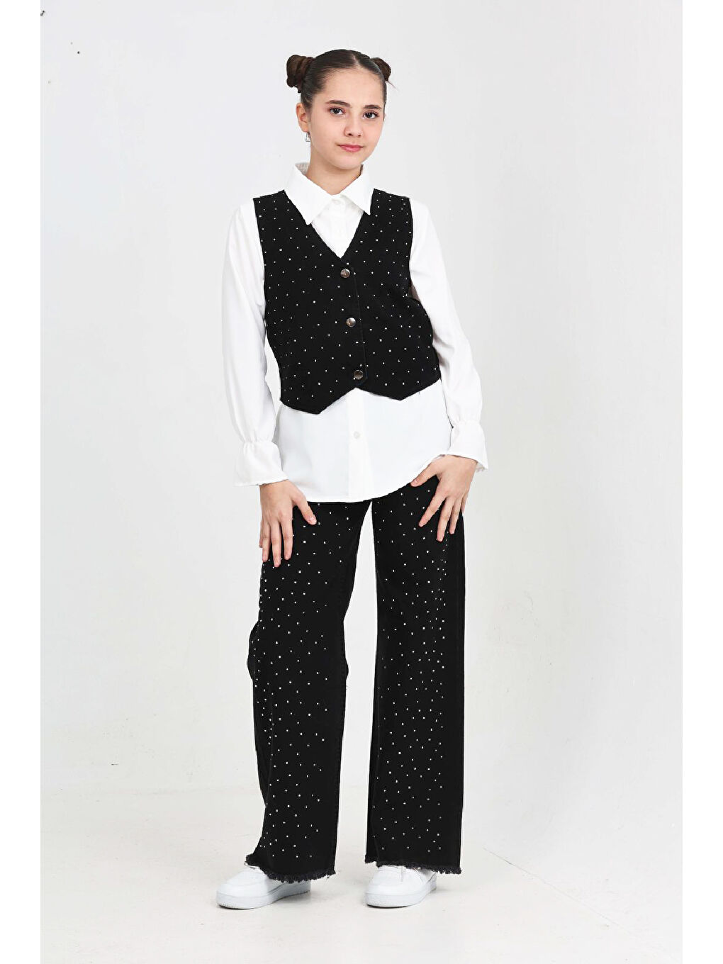 Siyah Kız Çocuk Taş Süslemeli 3'lü Jean Takım 5-15 Yaş 12495-2