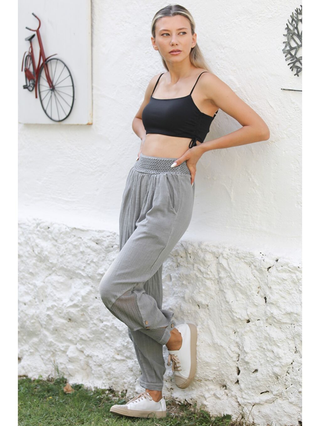 Gri Cepli File Detaylı Yıkamalı Dokuma Lastikli Bel Jogger Paça Casual Pantolon-2