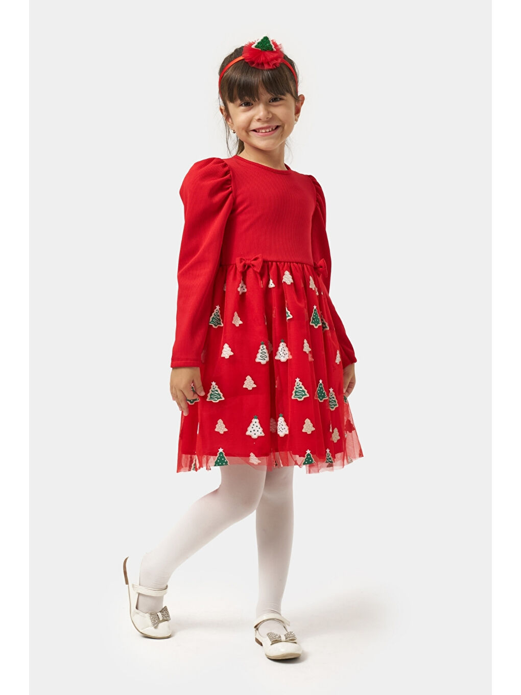 Kırmızı  Eteği Çam Ağaçlı Kız Çocuk Elbise - Nomi-2