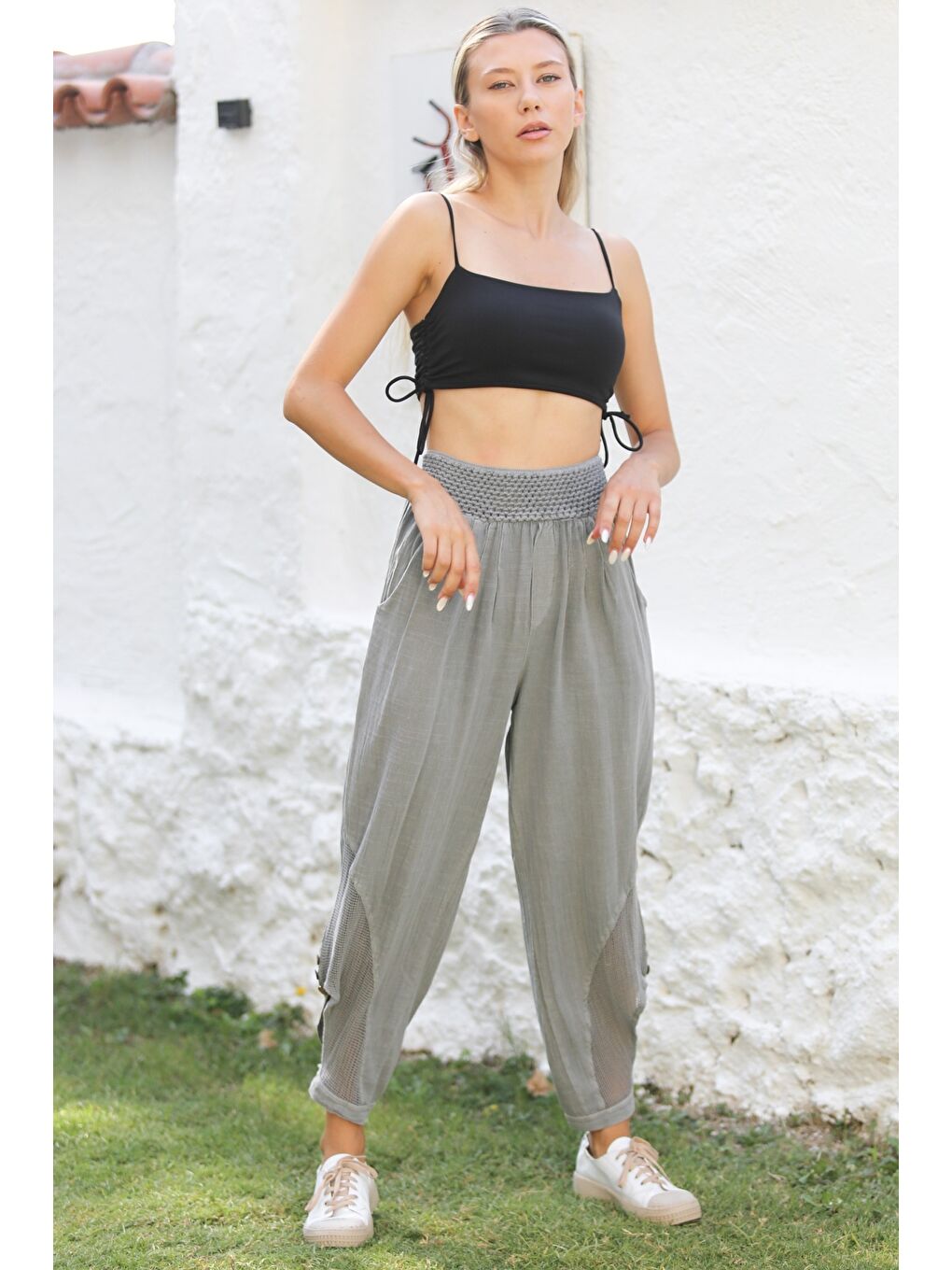 Gri Cepli File Detaylı Yıkamalı Dokuma Lastikli Bel Jogger Paça Casual Pantolon-3