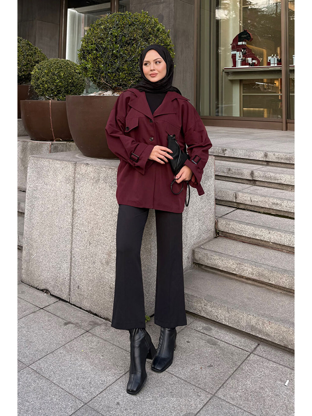 Kadın Kruvaze Yaka Trenç Bordo-3