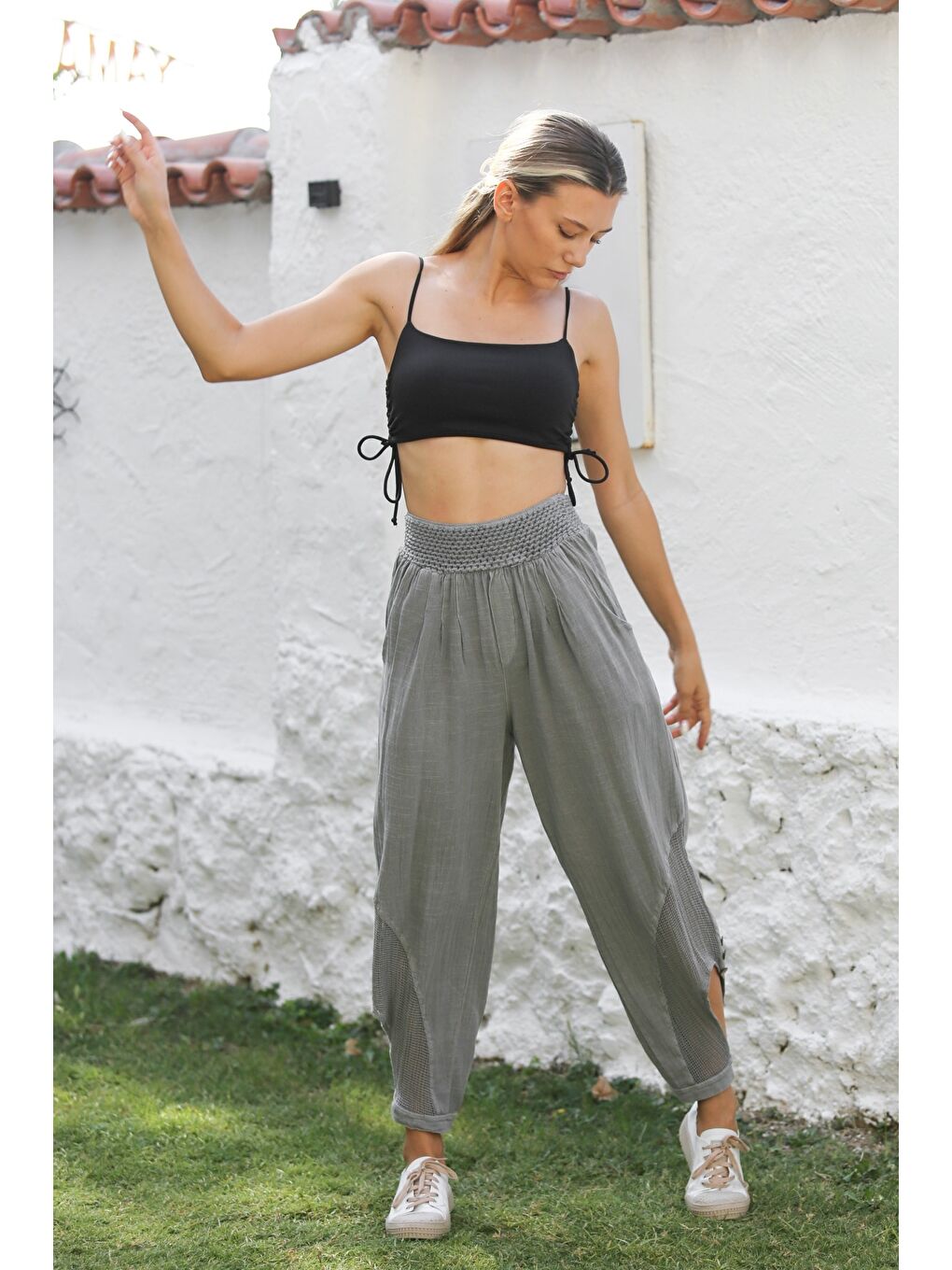 Gri Cepli File Detaylı Yıkamalı Dokuma Lastikli Bel Jogger Paça Casual Pantolon-4