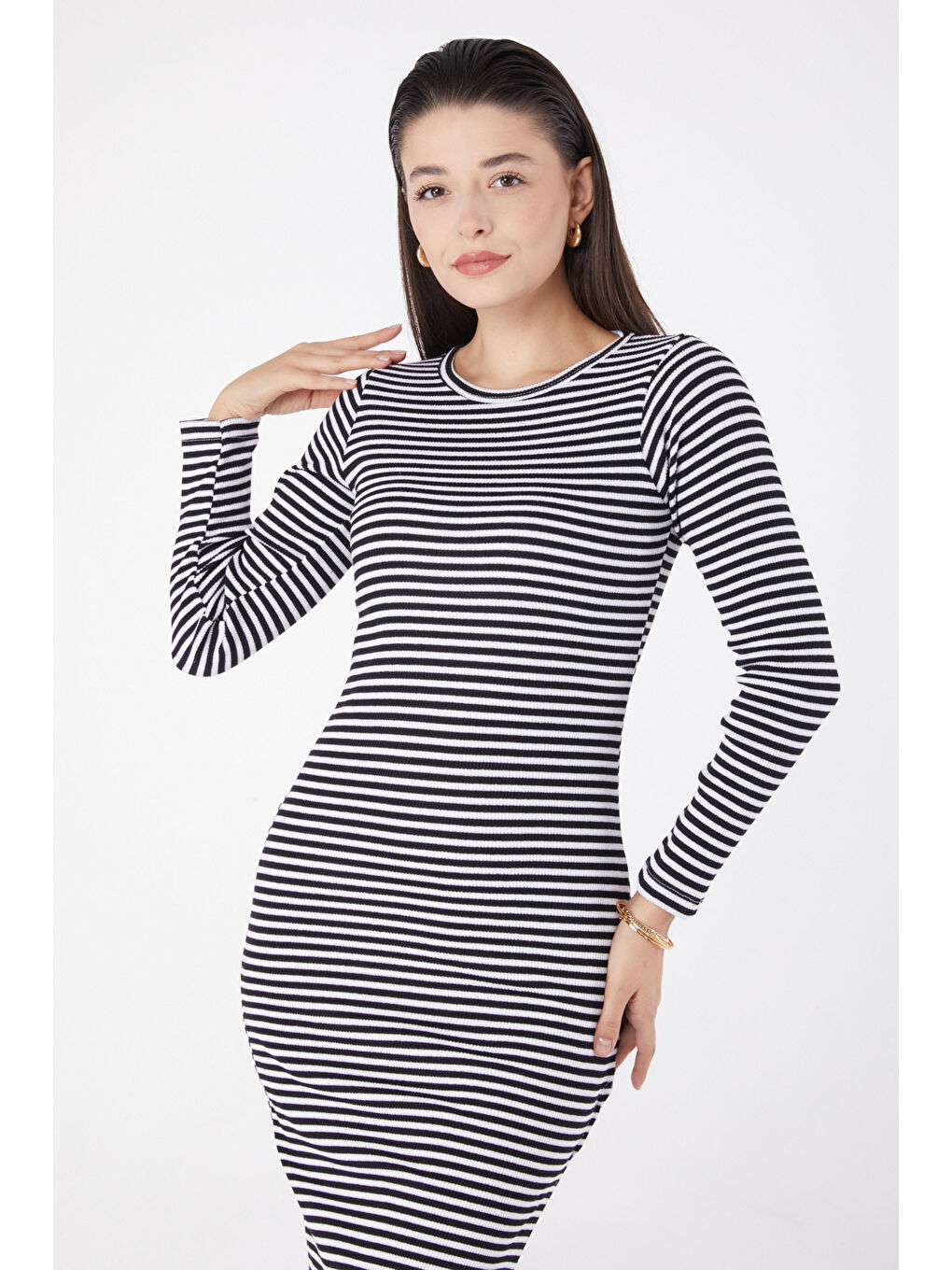 Yırtmaçlı Çizgili Elbise Siyah - 26367-2