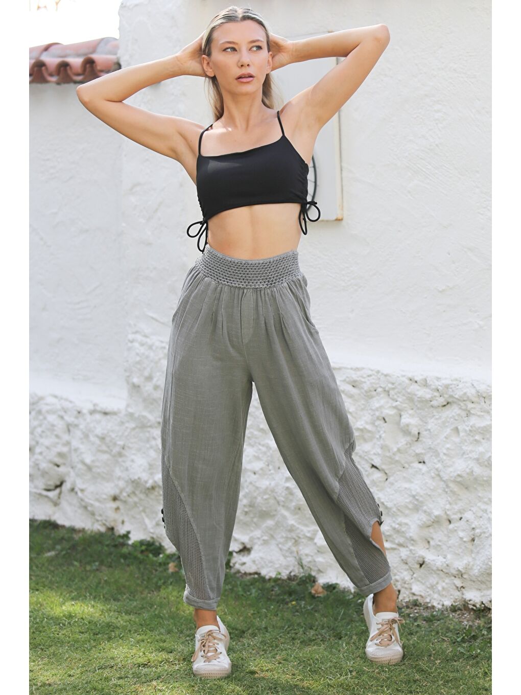 Gri Cepli File Detaylı Yıkamalı Dokuma Lastikli Bel Jogger Paça Casual Pantolon-5