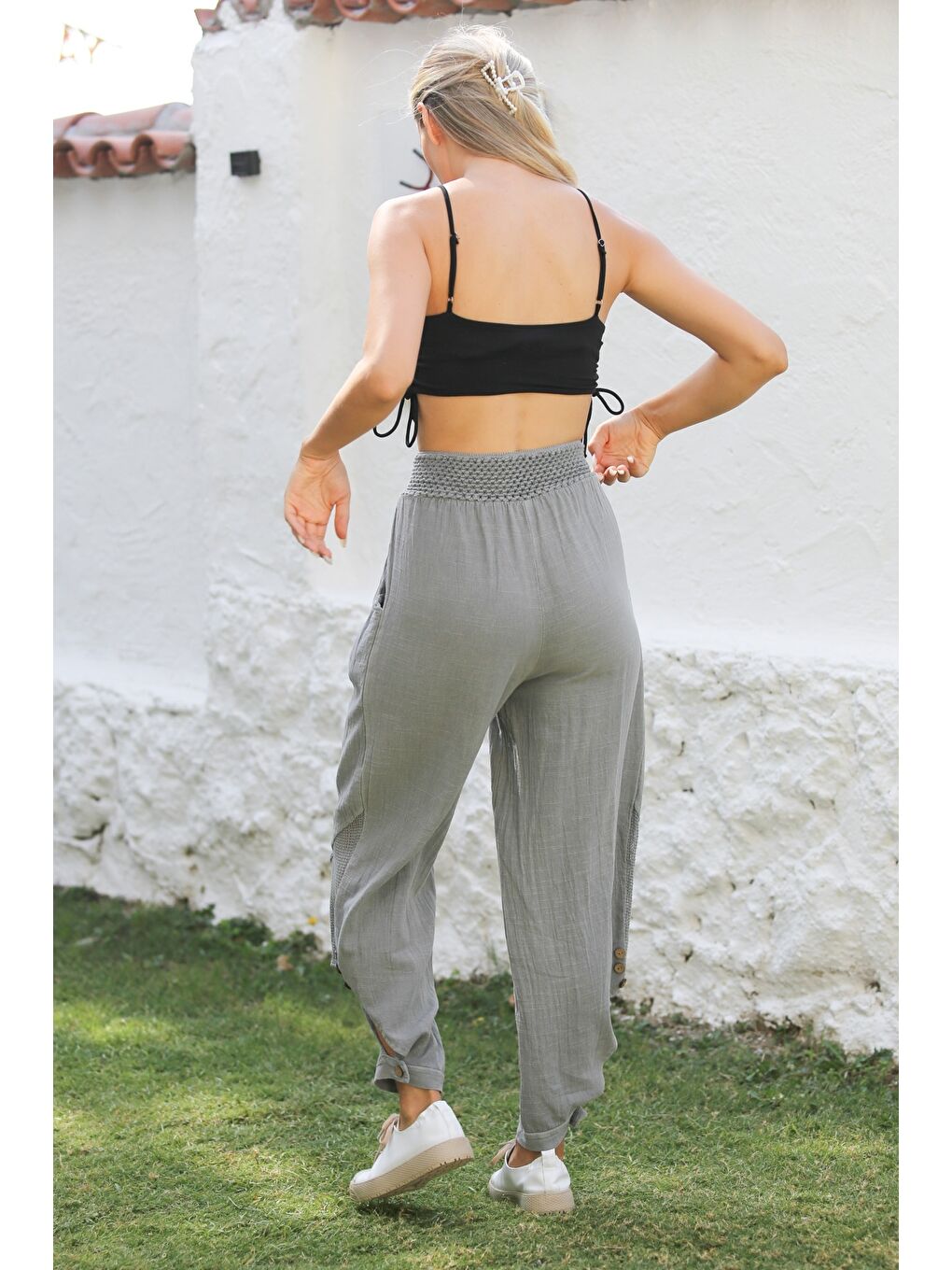 Gri Cepli File Detaylı Yıkamalı Dokuma Lastikli Bel Jogger Paça Casual Pantolon-6