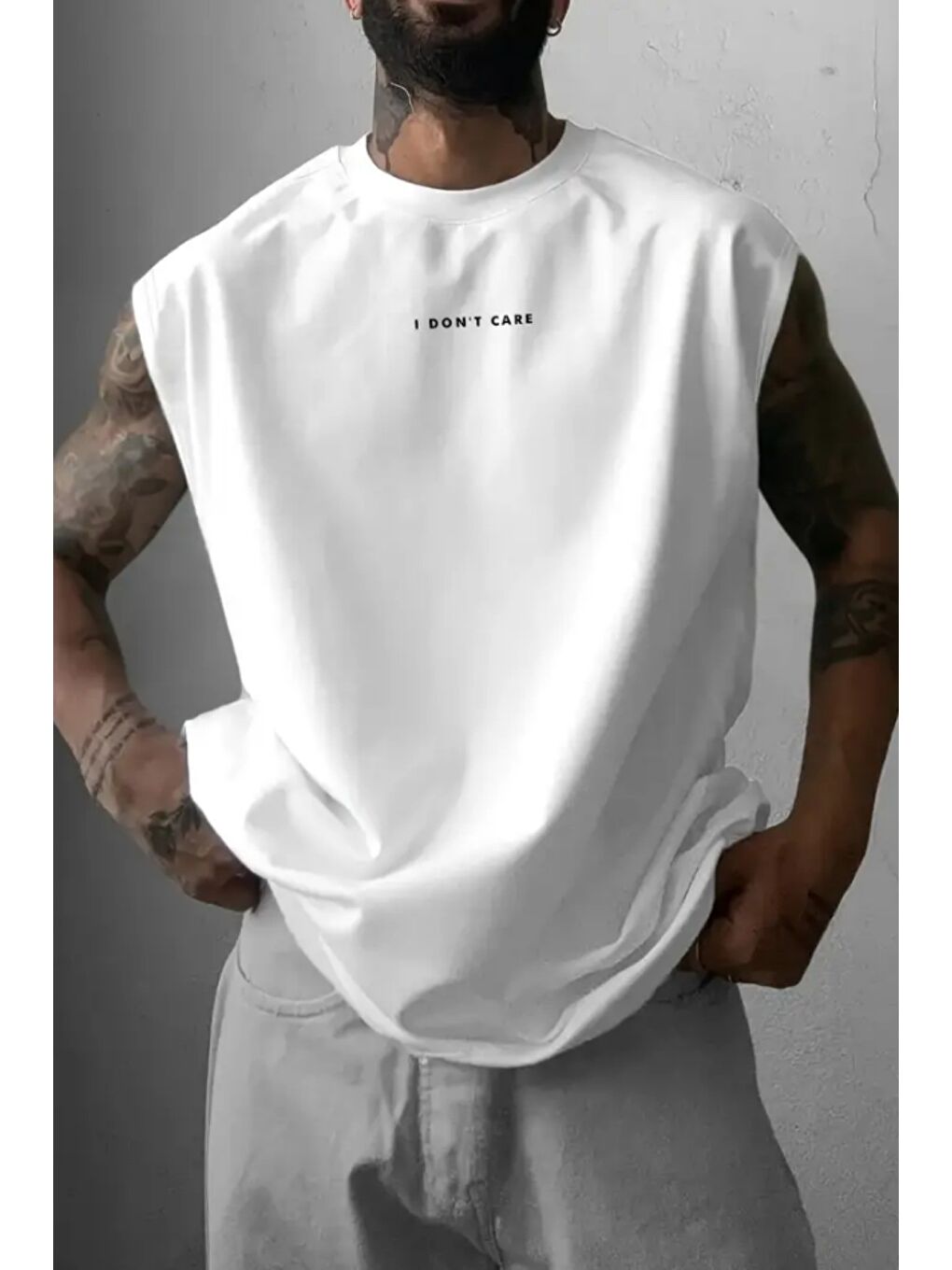 Beyaz I Don't Care Baskılı Kolsuz Atlet tshirt Erkek Sıfır Kol Oversize T-SHİRT