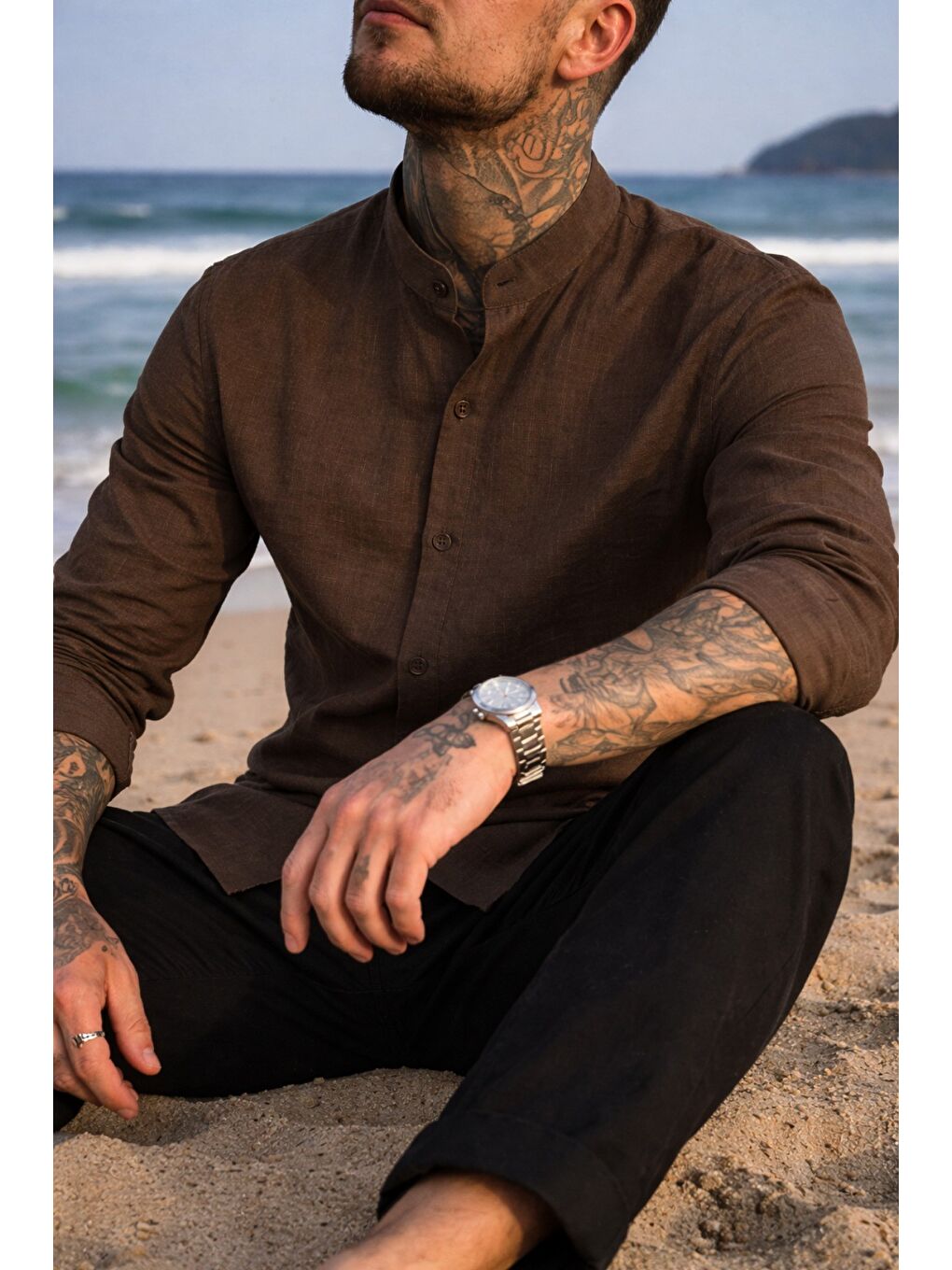 Kahverengi Erkek Regular Hakim Yaka Keten Görünümlü Gömlek-1