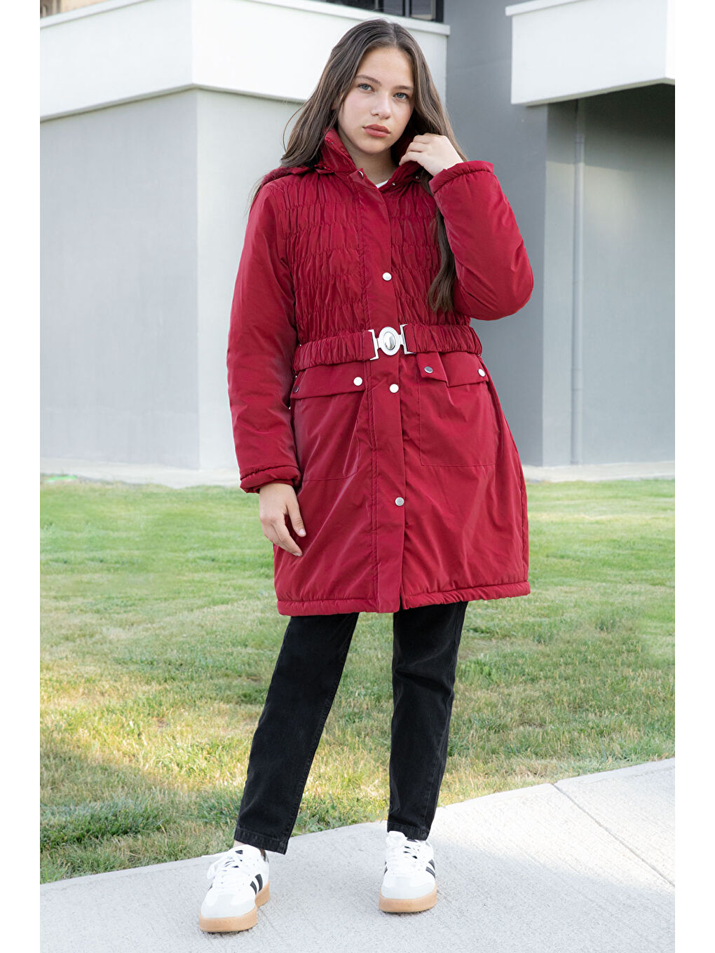 Bordo Kemerli Nubuk Kumaş Kız Çocuk İçi Kürklü Kapüşonlu Şişme Mont 21314-2