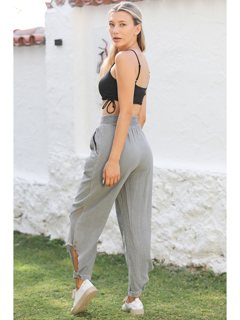 Gri Cepli File Detaylı Yıkamalı Dokuma Lastikli Bel Jogger Paça Casual Pantolon-7