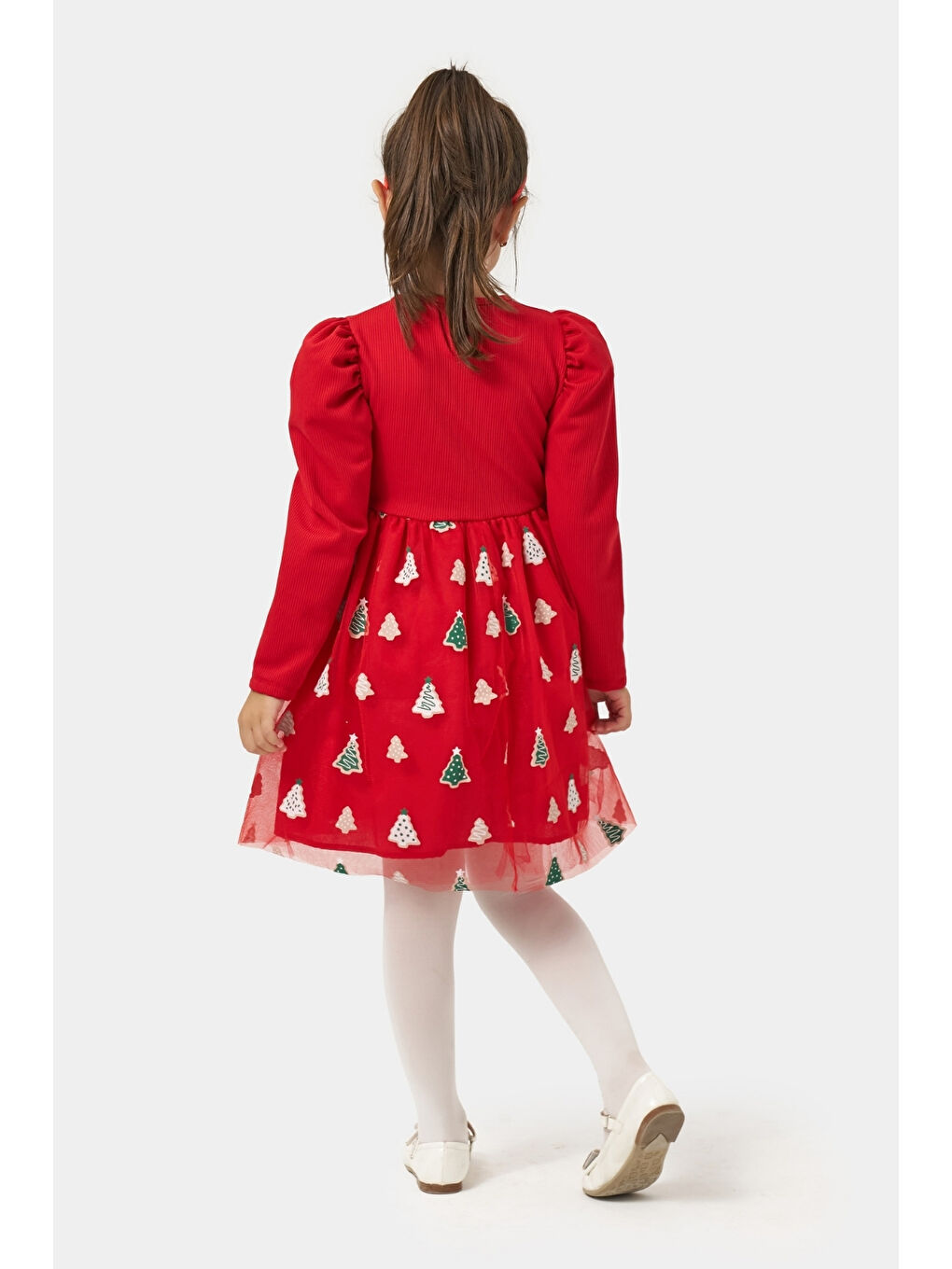Kırmızı  Eteği Çam Ağaçlı Kız Çocuk Elbise - Nomi-3