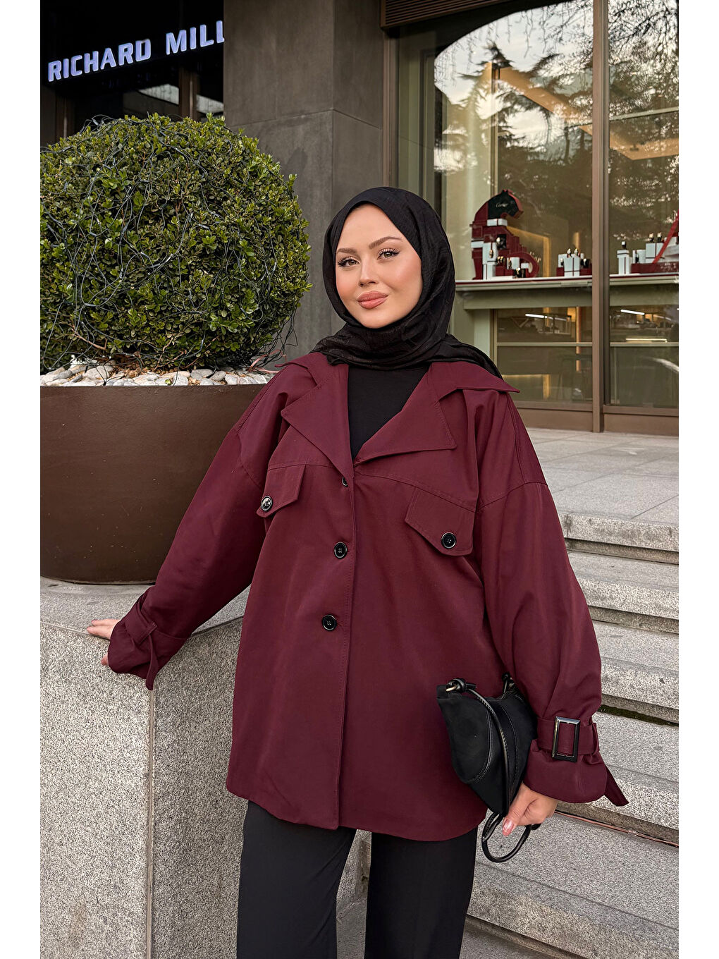 Kadın Kruvaze Yaka Trenç Bordo-4