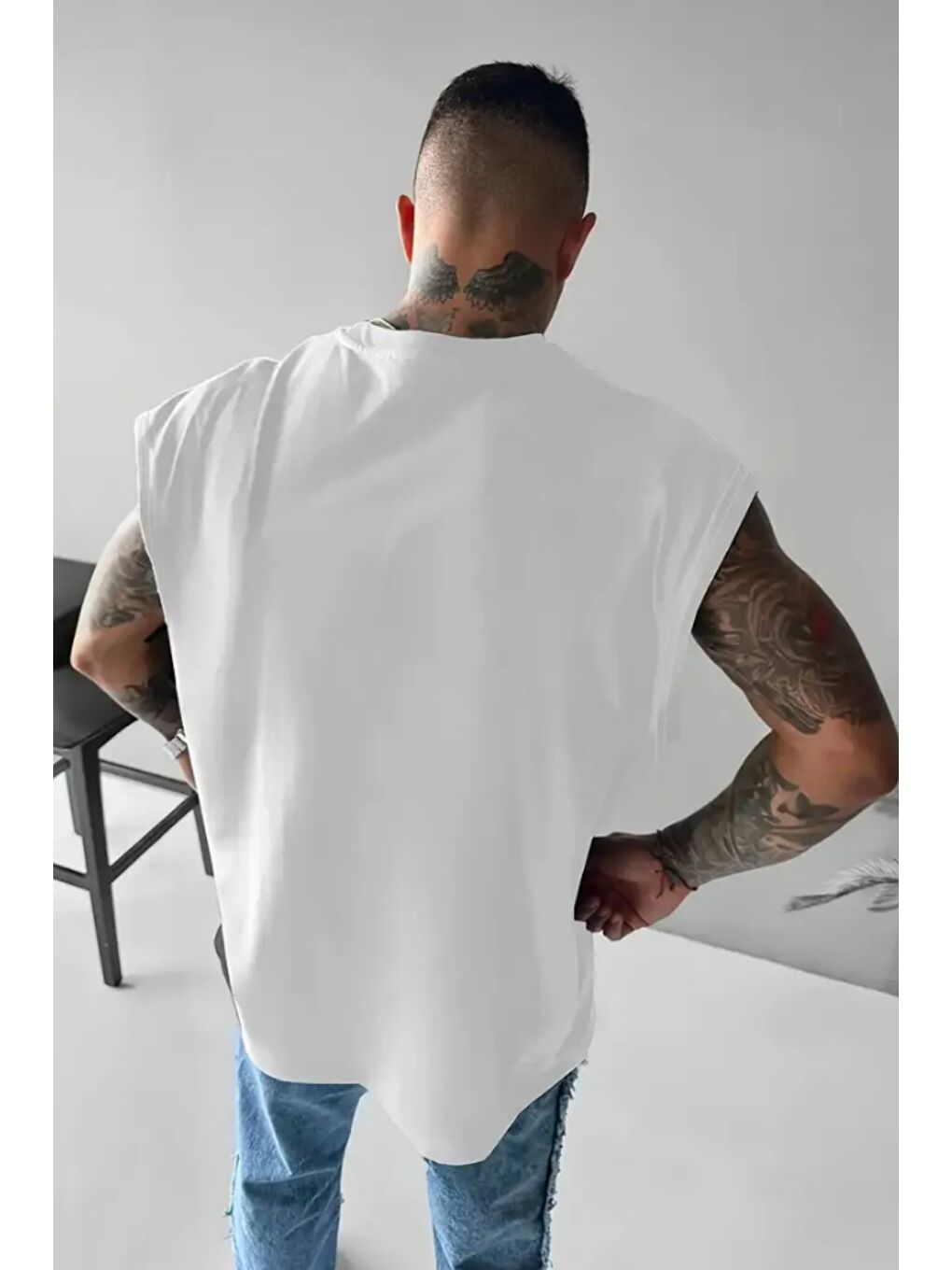 Beyaz I Don't Care Baskılı Kolsuz Atlet tshirt Erkek Sıfır Kol Oversize T-SHİRT-1