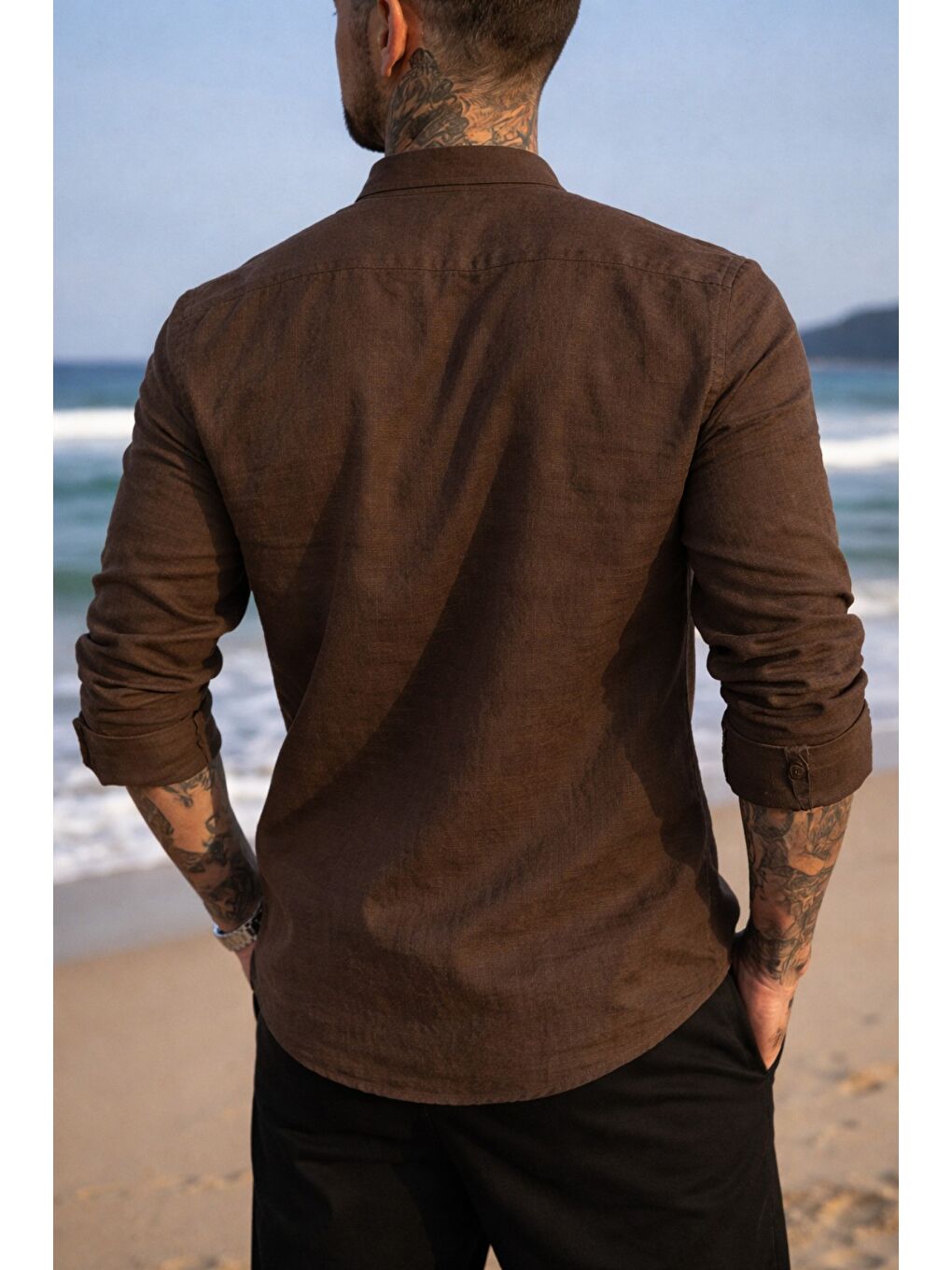 Kahverengi Erkek Regular Hakim Yaka Keten Görünümlü Gömlek-2