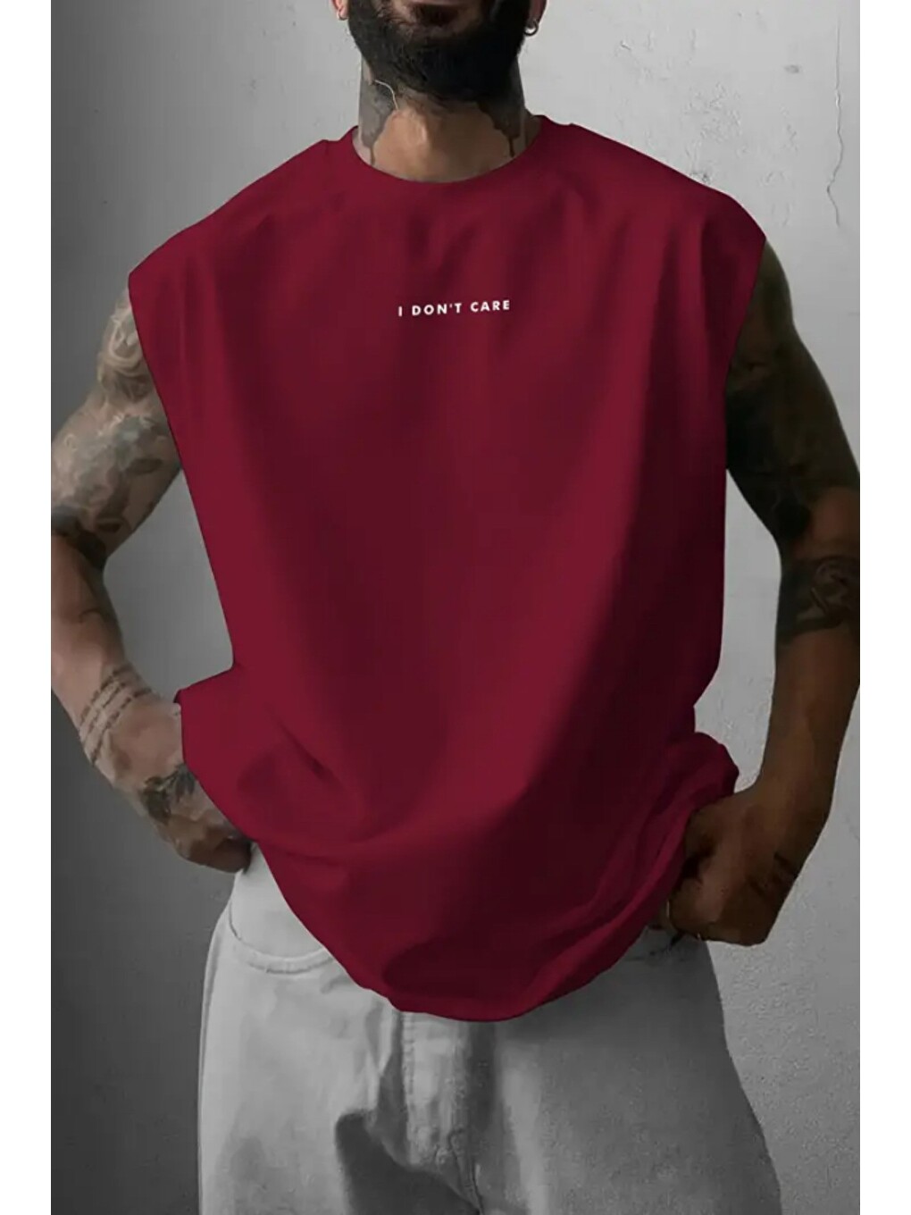 Bordo I Don't Care Baskılı Kolsuz Atlet Tişört Erkek Sıfır Kol Oversize Tişört
