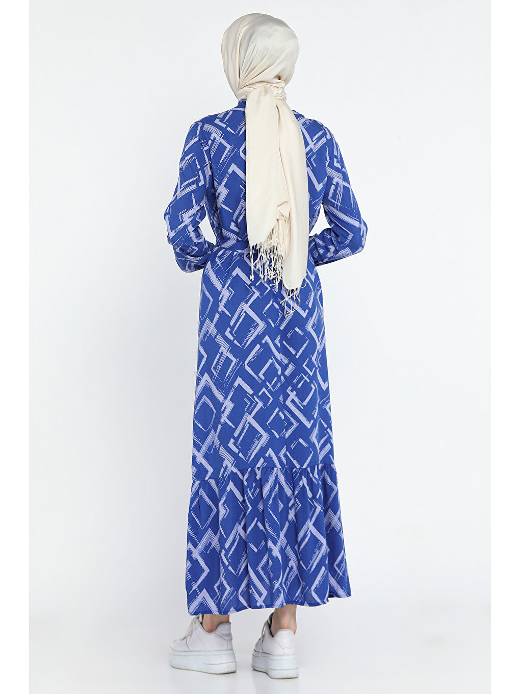 İndigo Desenli Bel Kuşaklı Tesettür Viskon Elbise-5