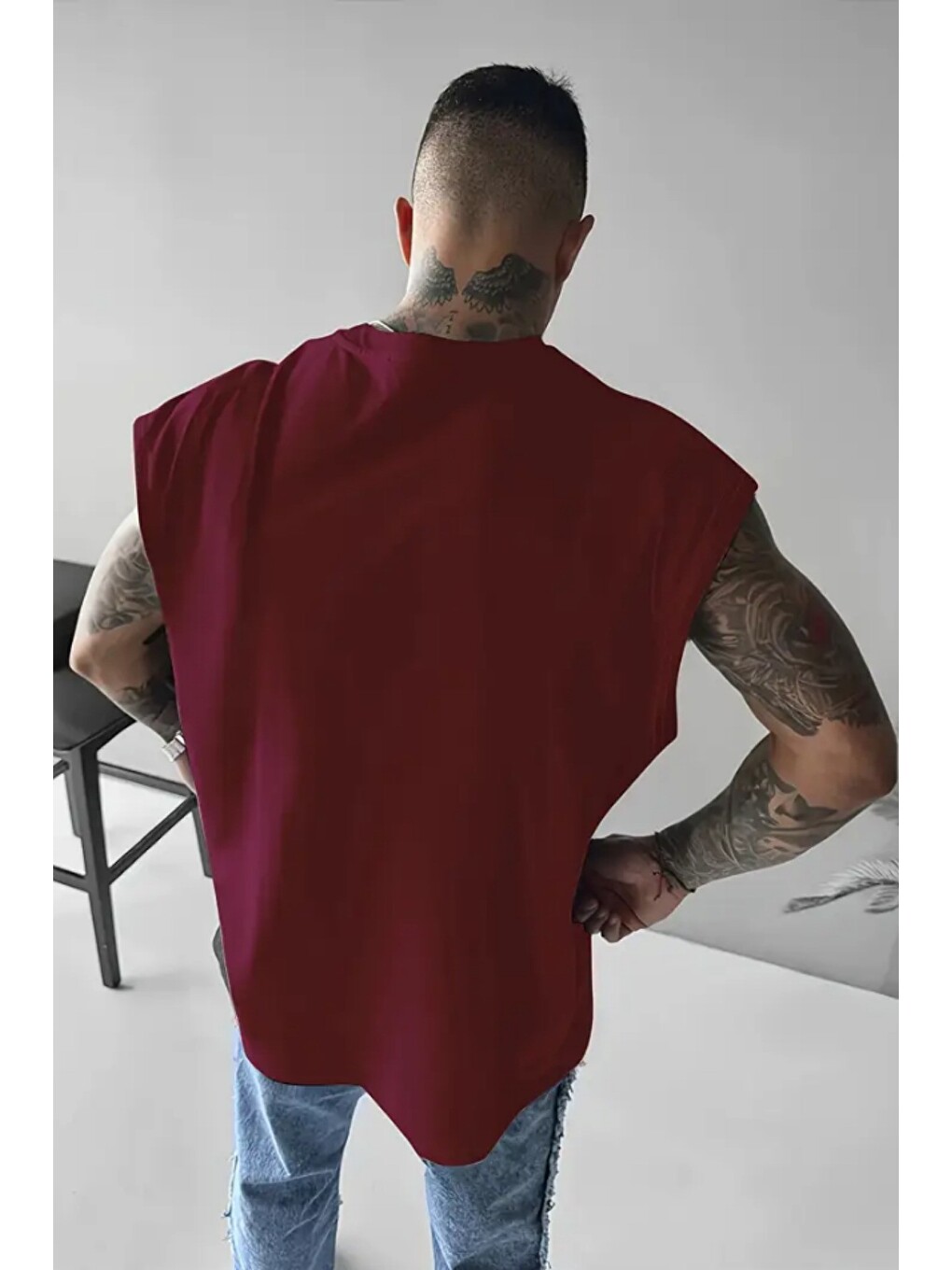 Bordo I Don't Care Baskılı Kolsuz Atlet Tişört Erkek Sıfır Kol Oversize Tişört-1