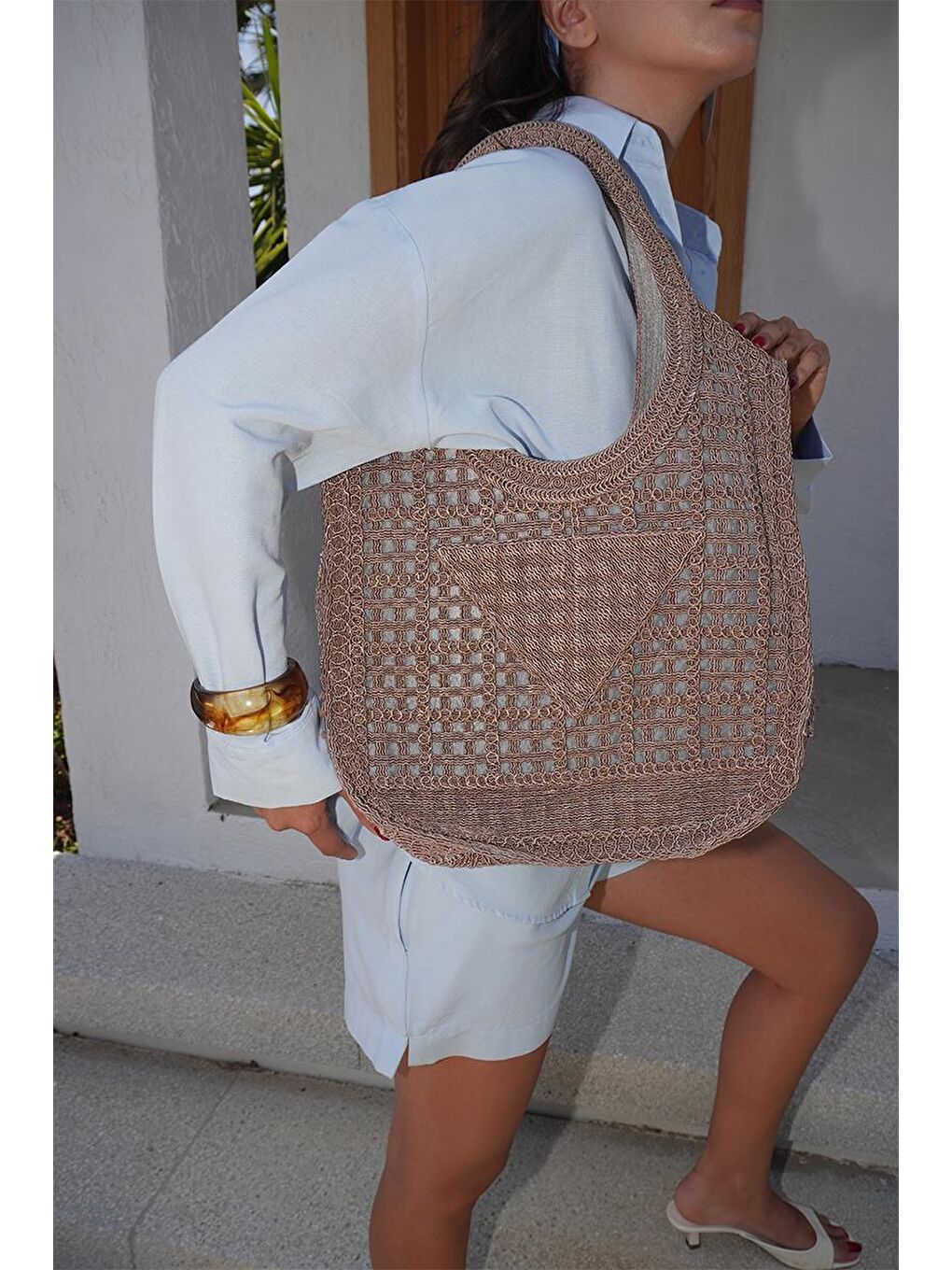 Bej Vicolo Handmade Makrome Tote Çanta Vizon-8