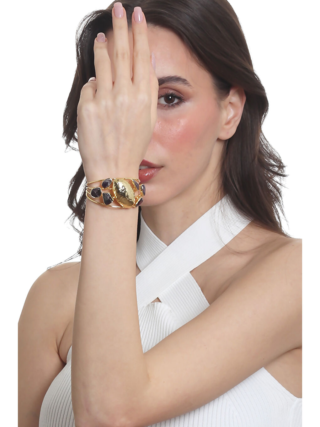 Karışık Kadın Ametist Doğal Taşlı Dört Telli El Yapımı Tasarım Bileklik-2