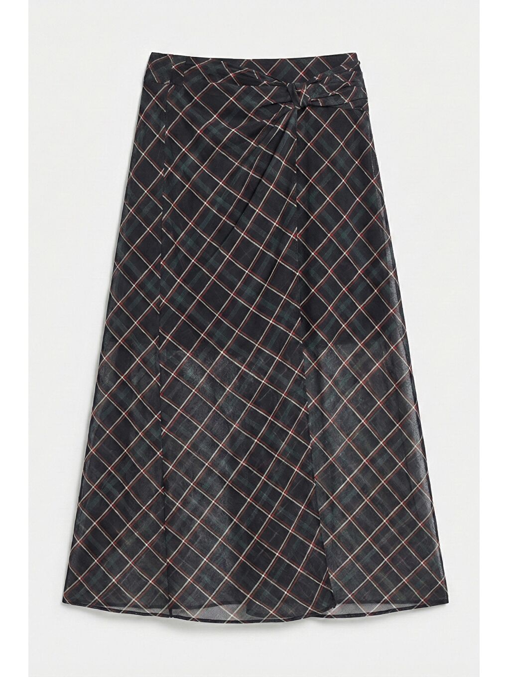 Siyah Kadın Koyu Ekose s6-1 Maxi Boy Kemer Detaylı Saten Etek-4