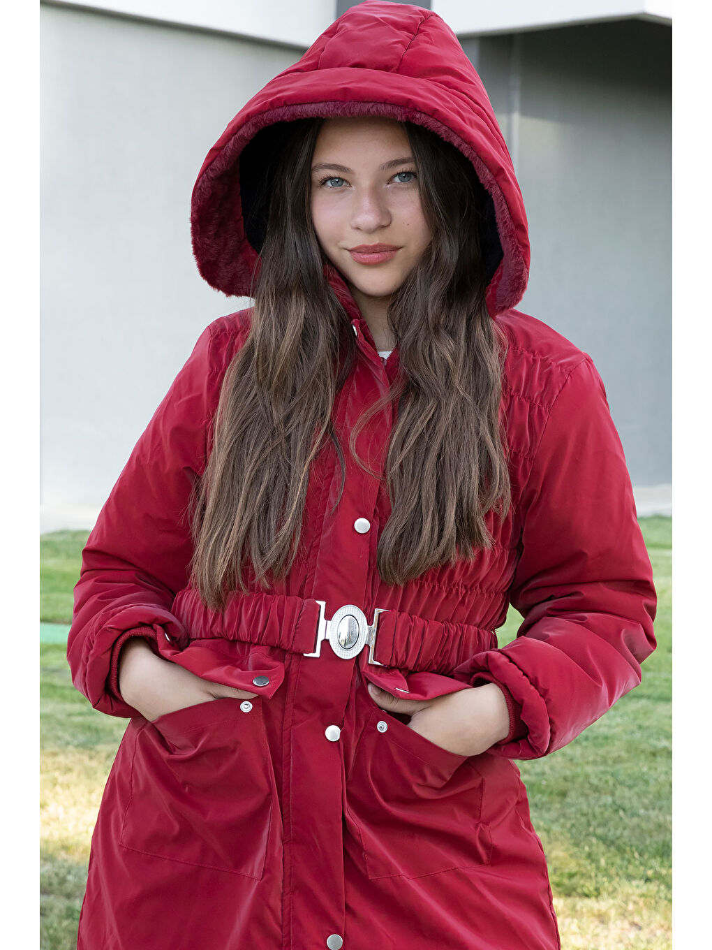 Bordo Kemerli Nubuk Kumaş Kız Çocuk İçi Kürklü Kapüşonlu Şişme Mont 21314-3