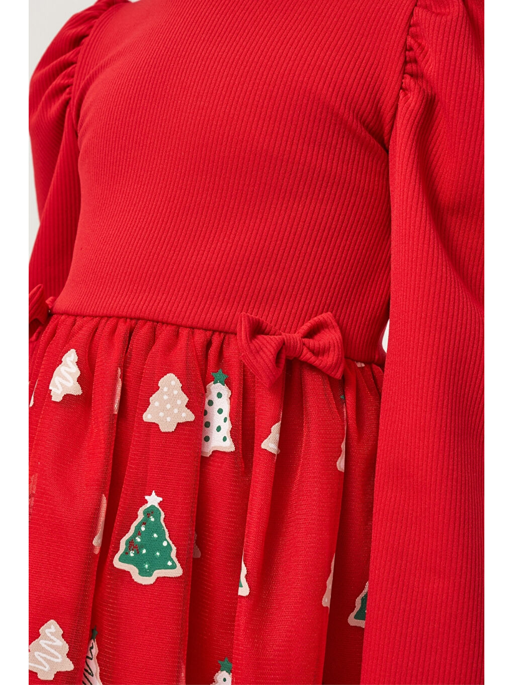 Kırmızı  Eteği Çam Ağaçlı Kız Çocuk Elbise - Nomi-5