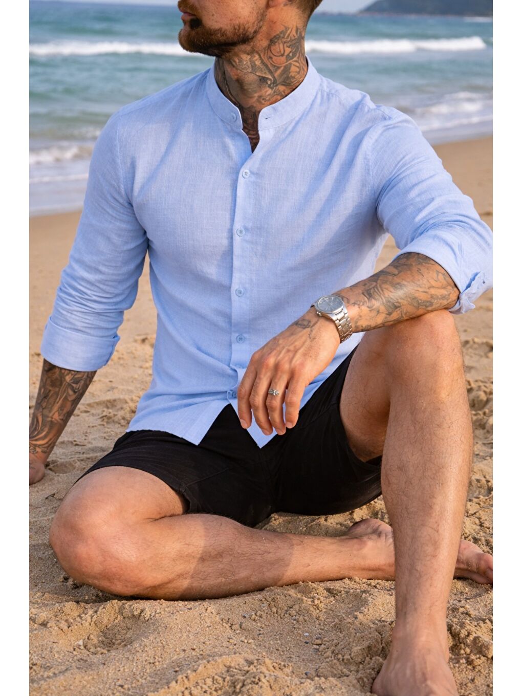 Mavi Erkek Regular Hakim Yaka Keten Görünümlü Gömlek-1