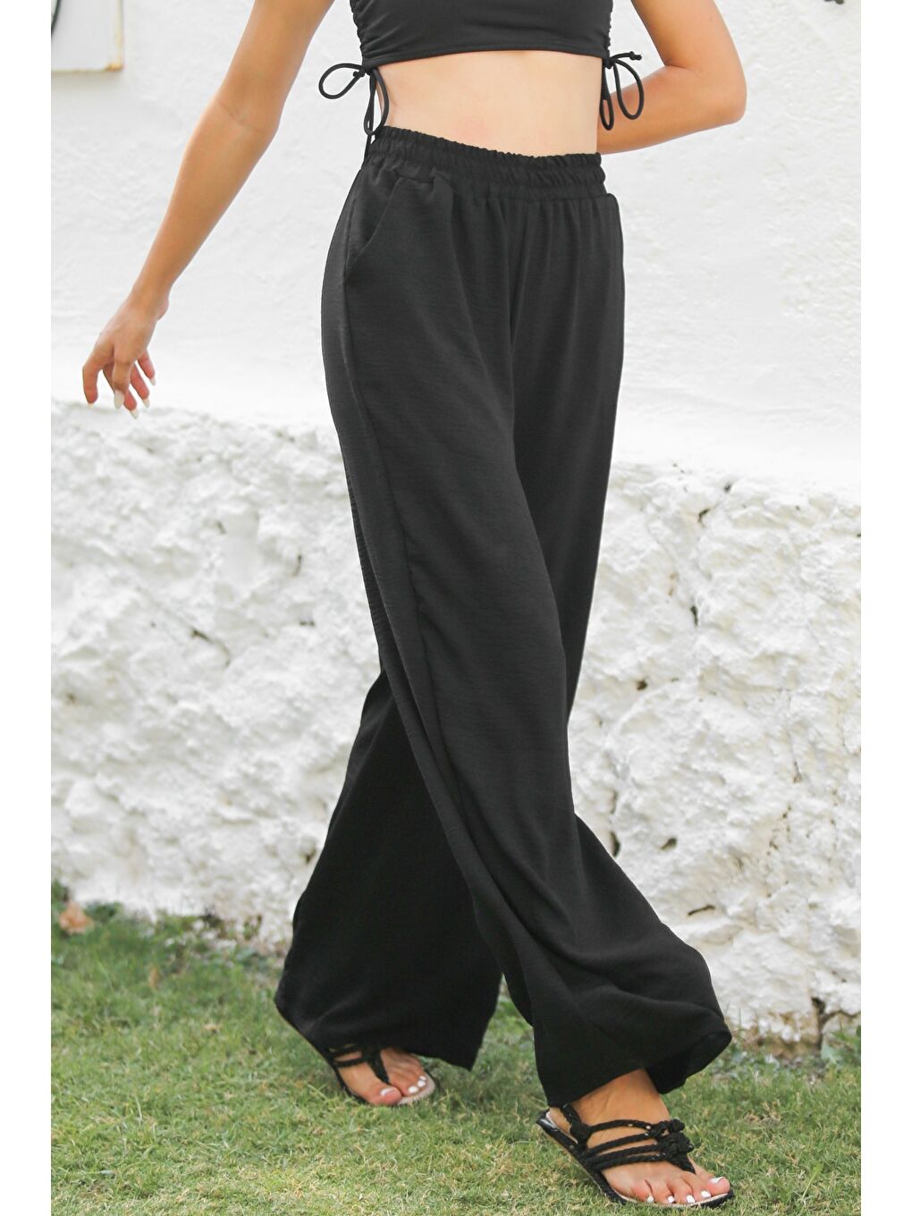Siyah Cepli Örme Lastikli Bel Bol Paça Casual Pantolon