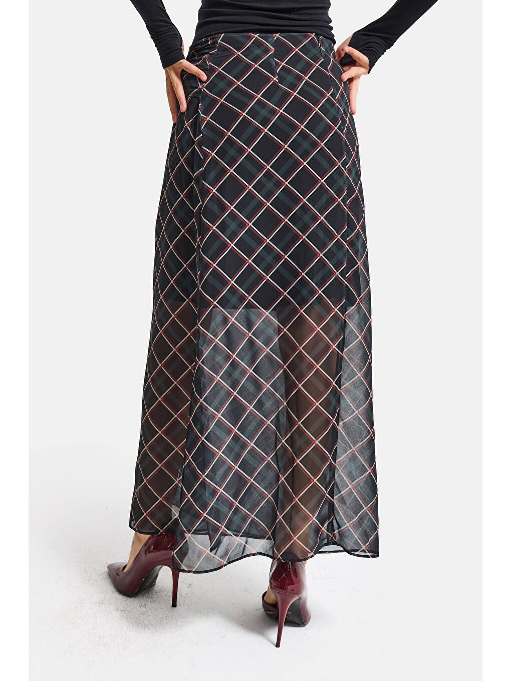 Siyah Kadın Koyu Ekose s6-1 Maxi Boy Kemer Detaylı Saten Etek-5