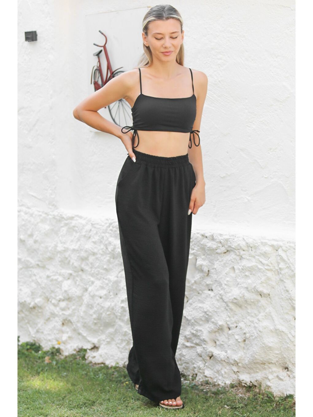 Siyah Cepli Örme Lastikli Bel Bol Paça Casual Pantolon-1