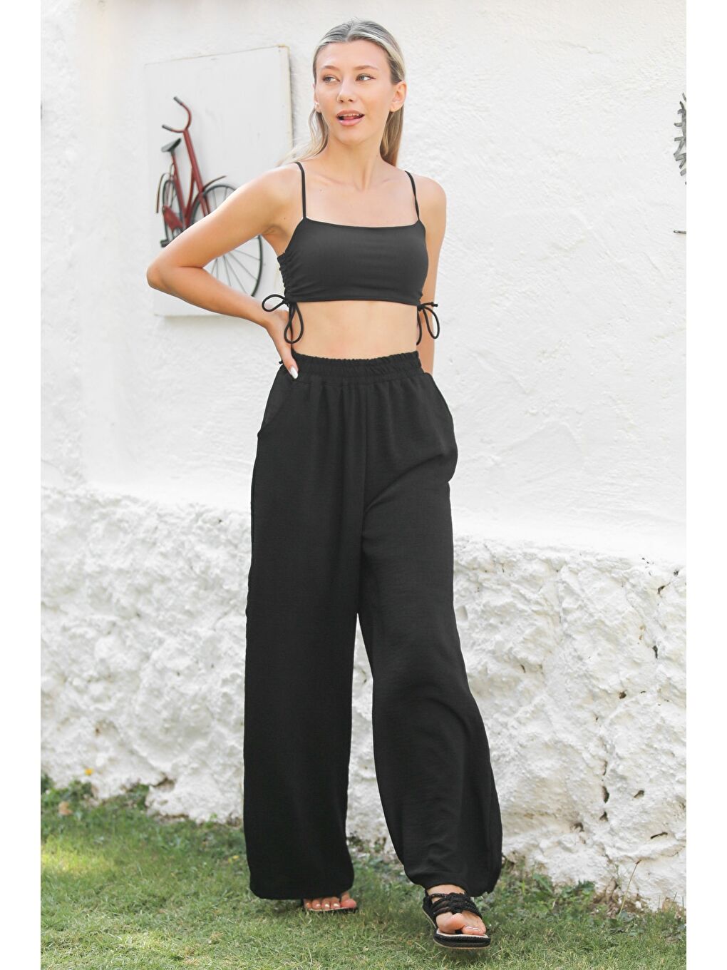 Siyah Cepli Örme Lastikli Bel Bol Paça Casual Pantolon-2