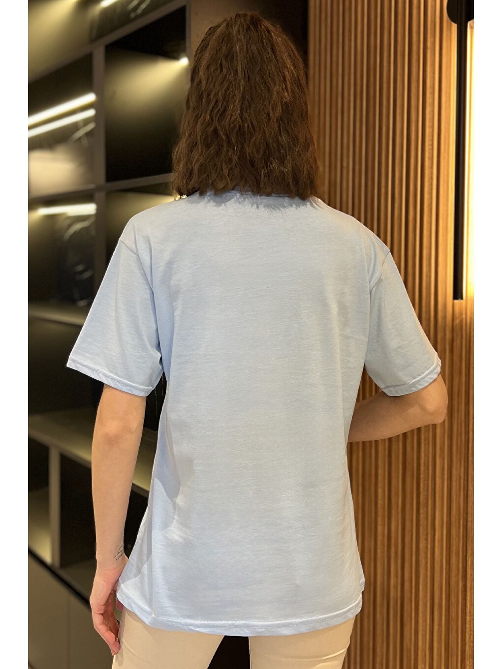 Mavi Bisiklet Yaka Baskılı Taşlı Kadın Tişört-2