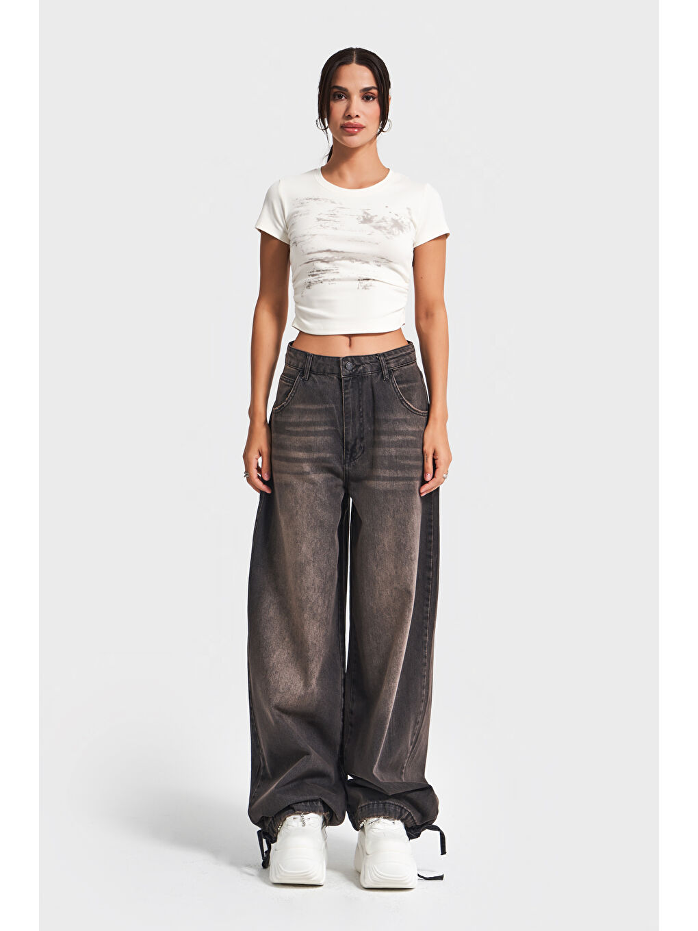 Kahverengi Kadın Taşlanmış Koyu Kahve Renk 2w5-62 Straight Baggy Fit Bağcıklı Denim Jean-2