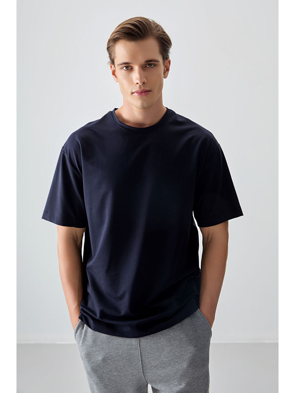 Basic Oversize O Yaka 3lü Paket Lacivert-Açık Mavi-Parlament Erkek T-Shirt - 88377-3