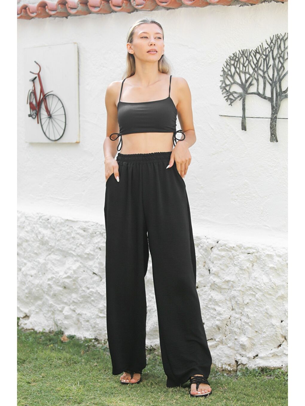 Siyah Cepli Örme Lastikli Bel Bol Paça Casual Pantolon-3